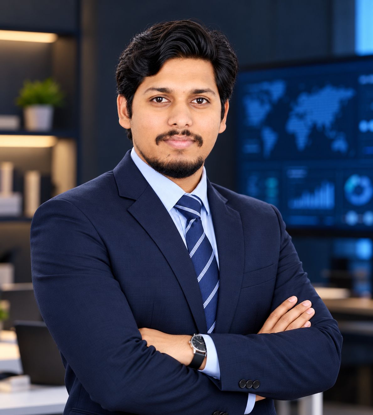 Satya Prakash Solanki, arms crossed, in a technology office